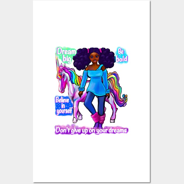 Inspirational motivational affirmation black girl African American woman and unicorn Wall Art by Artonmytee